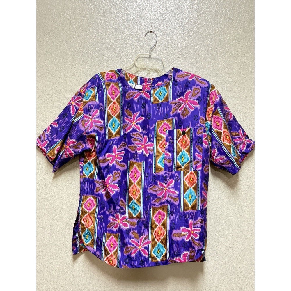 Leslie Fay Women's L Purple Multicolor Floral Silk Blouse Button Short Sleeve